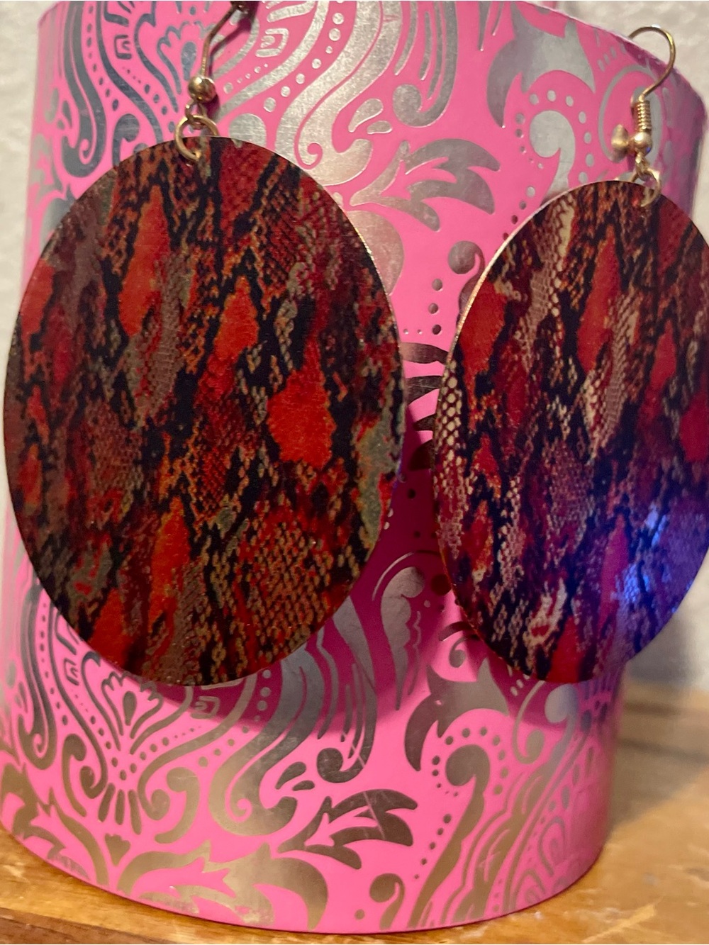 Women's METAL Red Snake-Print Oval Drop Earrings